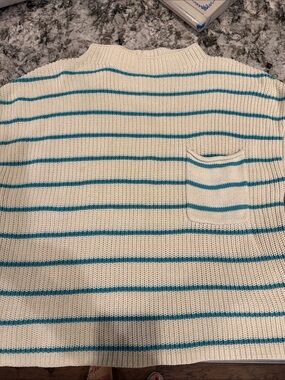 By Together Cream Knit sweater Top with turquoise Stripes